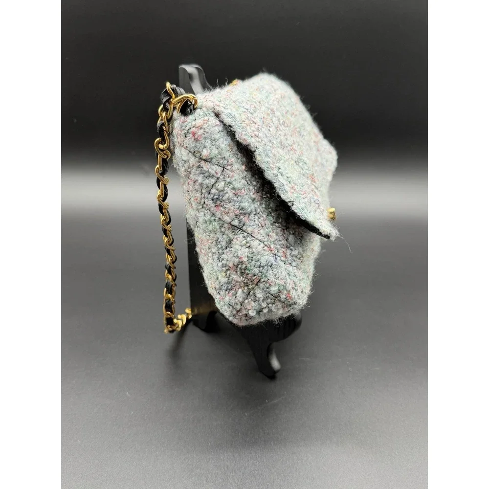 Vintage Diane Gilman Tweed Quilted Shoulder Bag Gold Chain Turn Lock Purse